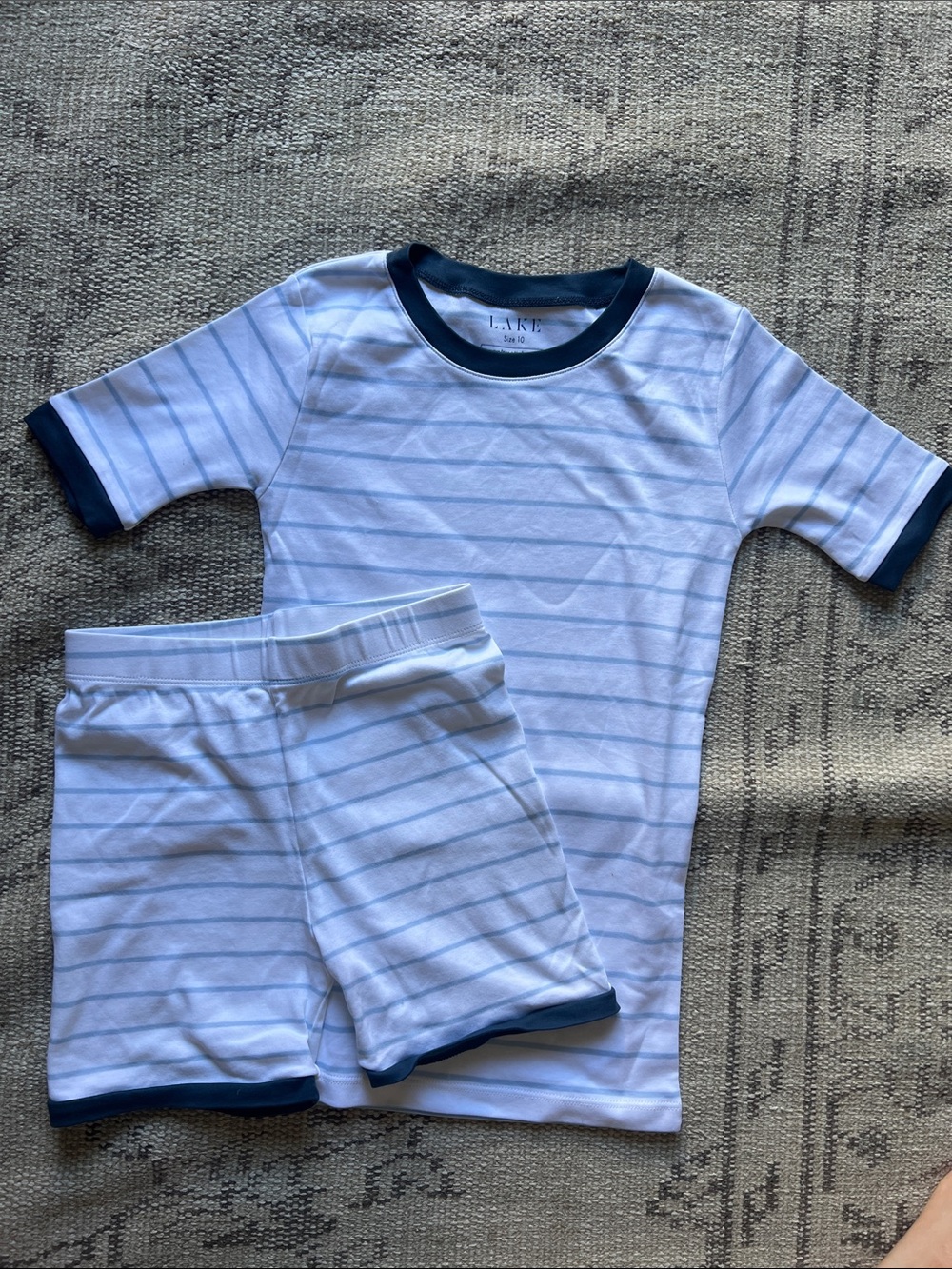 Kids Light Blue & White Striped Short Pajama Set with Navy Trim